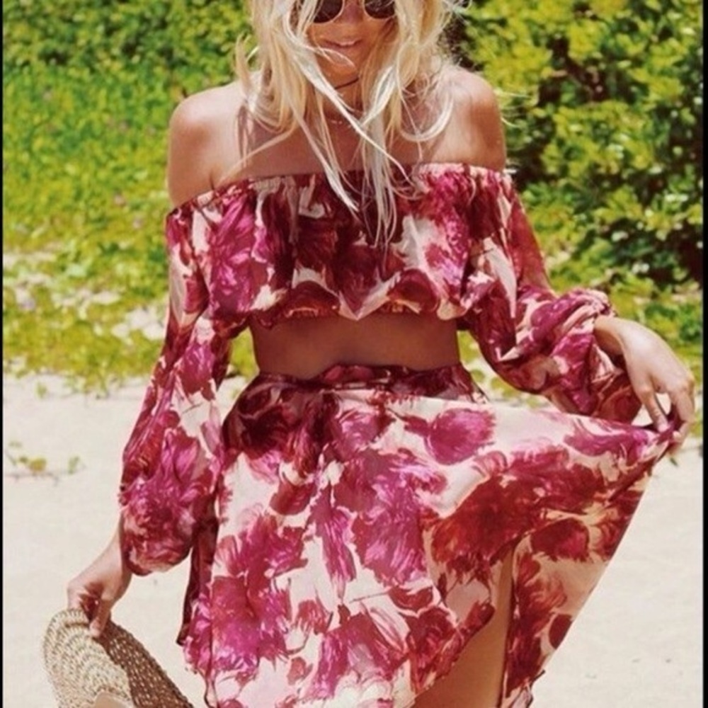 For Love & Lemons Off-Shoulder Floral Crop Top in Pink and Cream